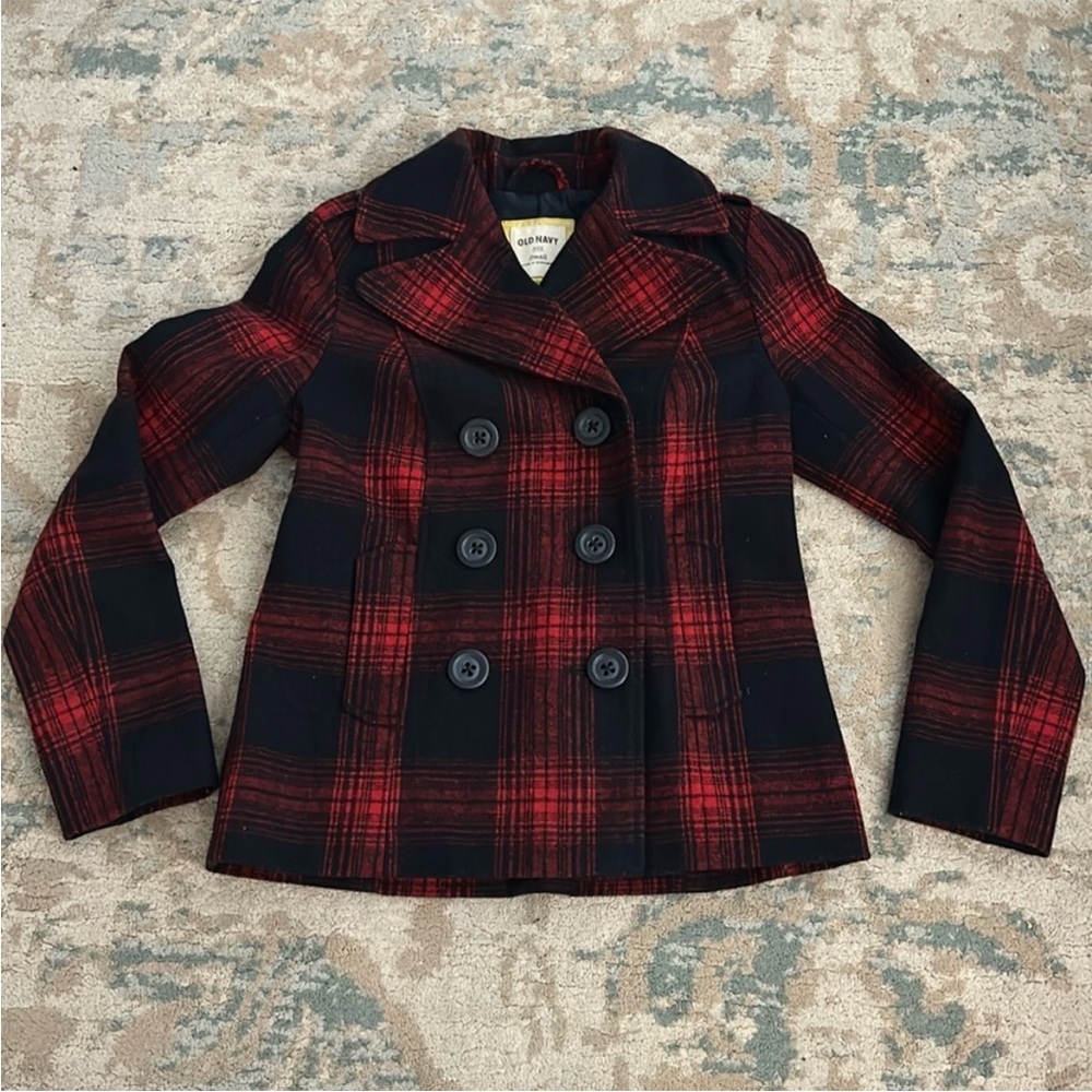 Old Navy Women's Plaid Peacoat in Black and Red